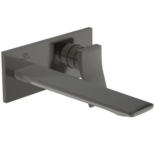Wand-Waschtischarmatur von Ideal Standard in Magnetic Grey mit eckiger Rosette und seitlichem Hebel zur Wassersteuerung.